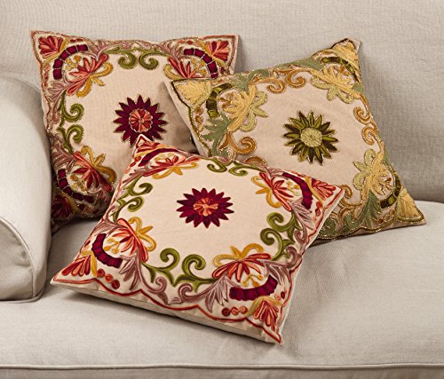 SARO LIFESTYLE Embroidered Floral Design Cotton Poly Filled Throw Pillow, 18", Multi