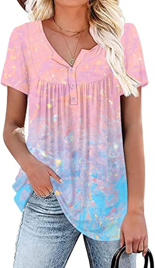 WRRH Women's Summer Short Sleeve Tunic Plus size ladies shirts Floral Blouse Loose Flowy Tops for Leggings M-4XL