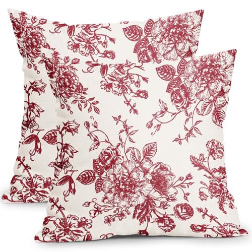 Vintage Floral Pillow Covers 18x18 Inch Set of 2 Wine Red and Cream Floral Throw Pillow Covers Chinoiserie Flower Pillowca...
