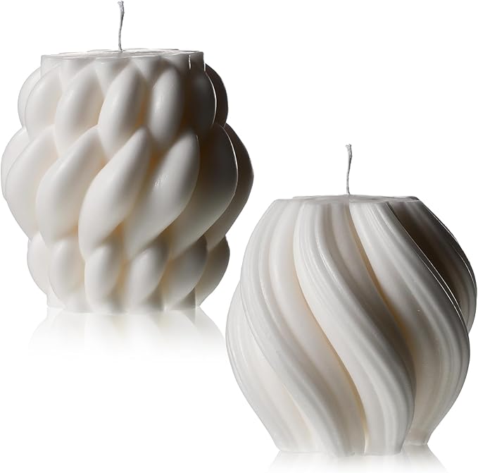 Threlaco 2 Pcs Decorative Pillar Candles Modern Aesthetic Knot Ball Swirl Candles Scented Soy Wax Ribbed Decor for Home Sh...