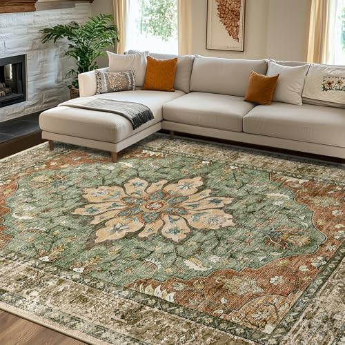 RELEANY Area Rugs 8'x10' Washable Non-Slip, Floral Vintage Distress Print Pattern Medallion Carpet for Living Room Bedroom...