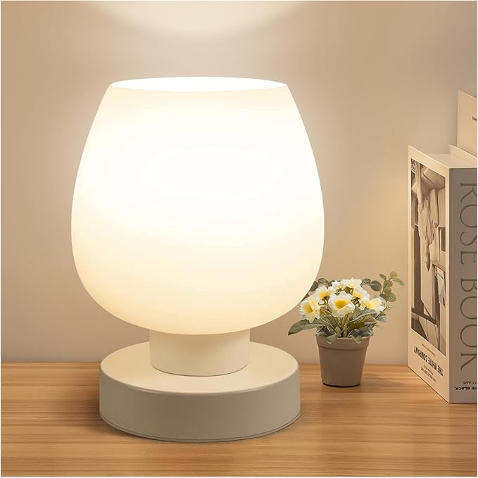 ONEWISH Small Bedside Lamp for Bedroom, 3-Way Dimmable Touch Control, 600 Lumen Bright Opal Glass Shade, 7.5 Inch Ultra Co...