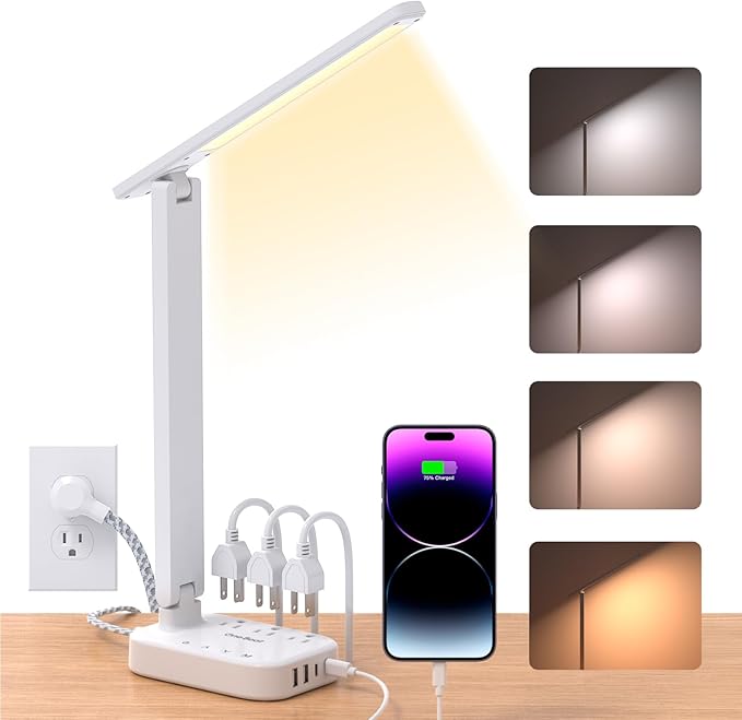 One Beat LED Small Desk Lamp Power Strip 5ft Extension Cord, 3 Outlets, 4 USB Ports(2 USB C), 4 Modes, 5 Level Touch- Hom...