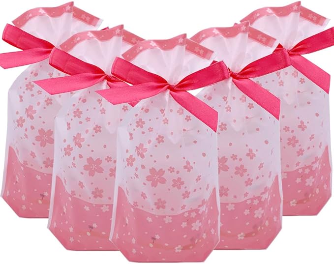VIFOME Treat Bags,24pcs Party Favor Bags Pink Sakura Gift Bag Plastic Drawstring Bag Gift Wrapping Package for Candies Goo...