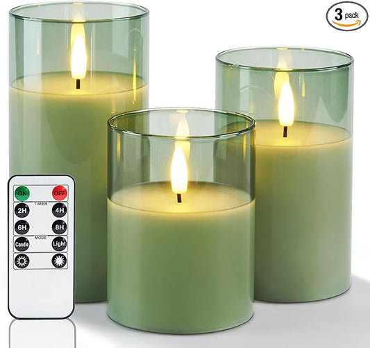 Amagic Green Glass Flameless Candles with Remote and Timer for St. Patrick's Day, Real Wax Battery Operated Candles, Flick...