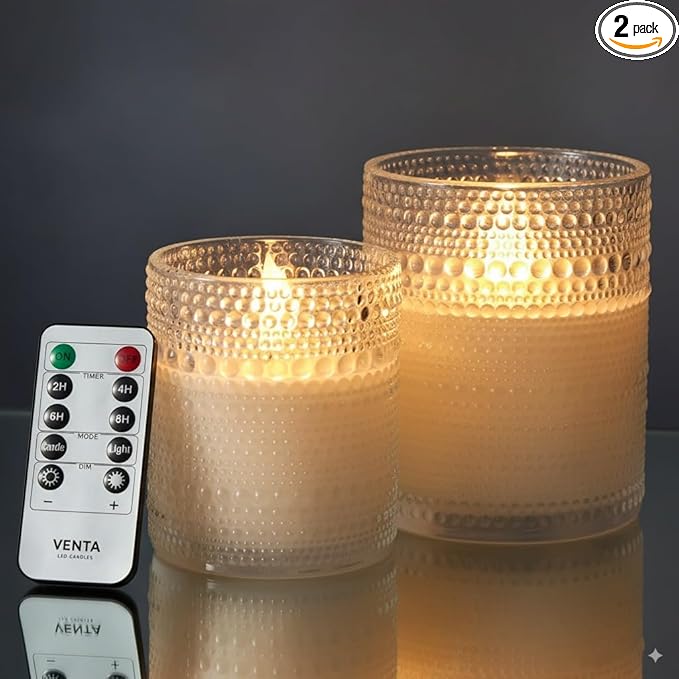VENTA Realistic Glow Flameless Candles | Decorative Set of 2 in White Dotted Glass with Remote & Timer | Decorative Table ...