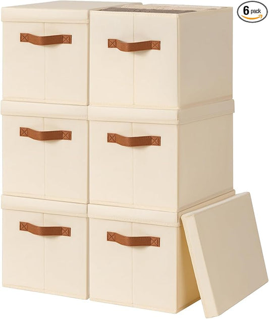 Homsorout Storage Bins with Lids - Fabric Storage Baskets for Shelves, 6 Pack Foldable Decorative Boxes with Handles, Stac...