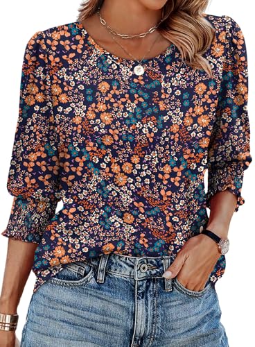 XIEERDUO Blouses for Women Dressy Casual 3/4 Length Sleeve Womens Tops with Smocked Cuffs