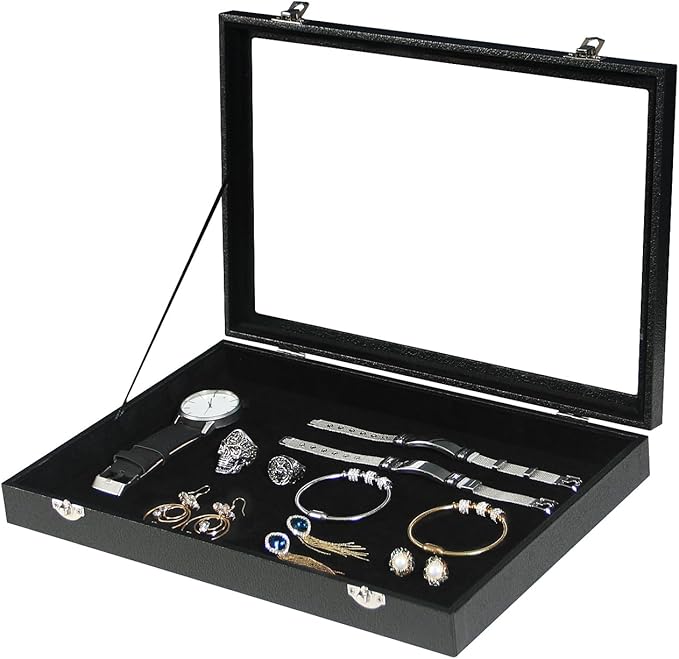 Coward Jewelry Organizer Box, Black Velvet Blank Display Tray Case with Lid for Storage Necklaces Bracelets Rings Beads an...