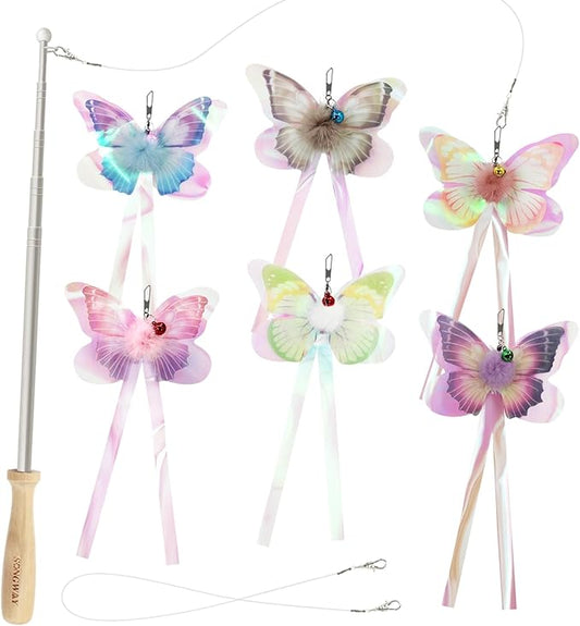 SONGWAY Cat Butterfly Toys Wand - 7 Pieces Cat Toy Set, Retractable Cat Wand with 6 Butterfly Cat Toys Replacement with Be...