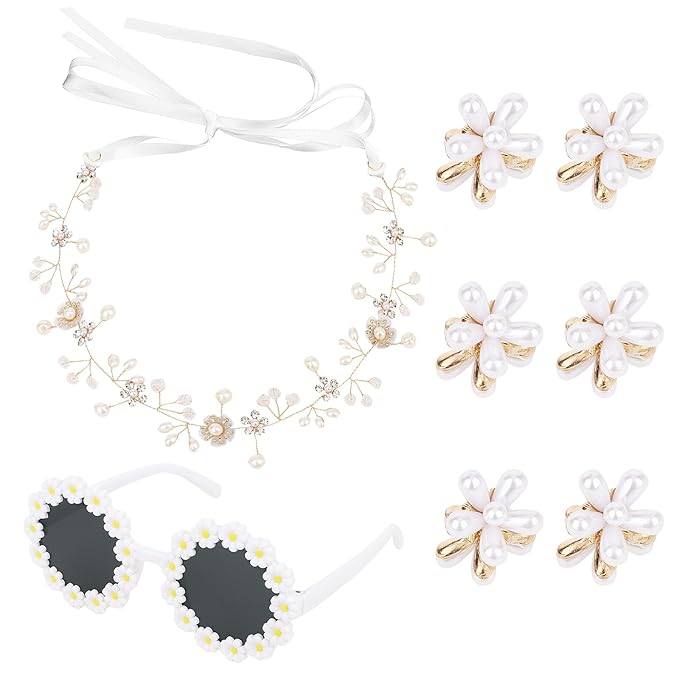 ANBALA 8 Pcs Flower Girl Proposal Set Flower Girls Gifts Including Flower Girl Headpiece Round Flower Sunglasses Pearl Sma...