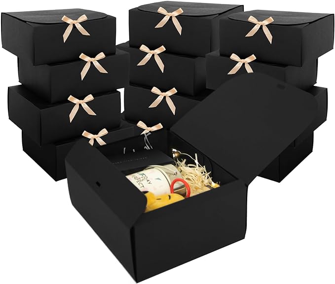 LWYMX 12 PCS Black Gift Boxes with Lids，9.8x7.8x3.9, Bridesmaid Proposal Box with Ribbon, Gift Boxes for Wedding, Christma...