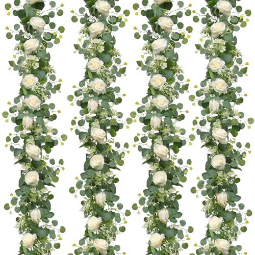 TOCHGREEN 4Pcs(26 Ft) Artificial Eucalyptus & White Rose Flower Garland, Faux Rose Vine & Gypsophila Greenery for Party & ...