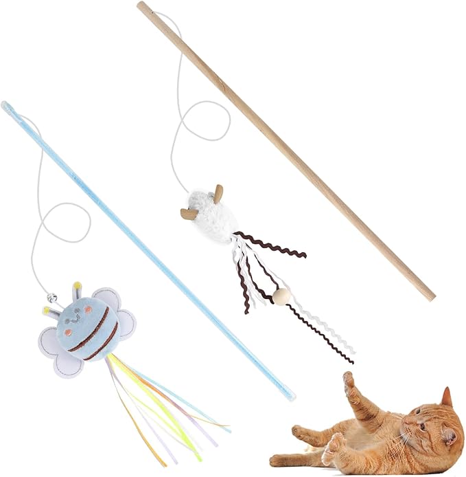 NOWFRESH Cat Wand Toy Set, 2 PCS Interactive Cat Teaser Wands with Cute Bee & Mouse Designs, Equipped with Bells and Strea...