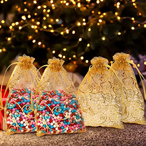 Staruby Organza Gift Bags 50 Pcs Gold Sheer Organza Bag 6x8 Inch Mesh Favor Bags Drawstring Jewelry Rattan Printed Gift Po...