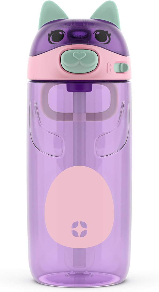 Ello Ellies 16oz Plastic Kids Water Bottle with Straw and Built-in Carrying Handle and Leak-Proof Locking Lid for School b...