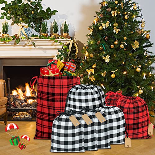 HRX Package Fabric Gift Bags Drawstring Assorted, 9pcs Reusable Christmas Wrapping Sacks Buffalo Plaid Cloth Bag with Gift...
