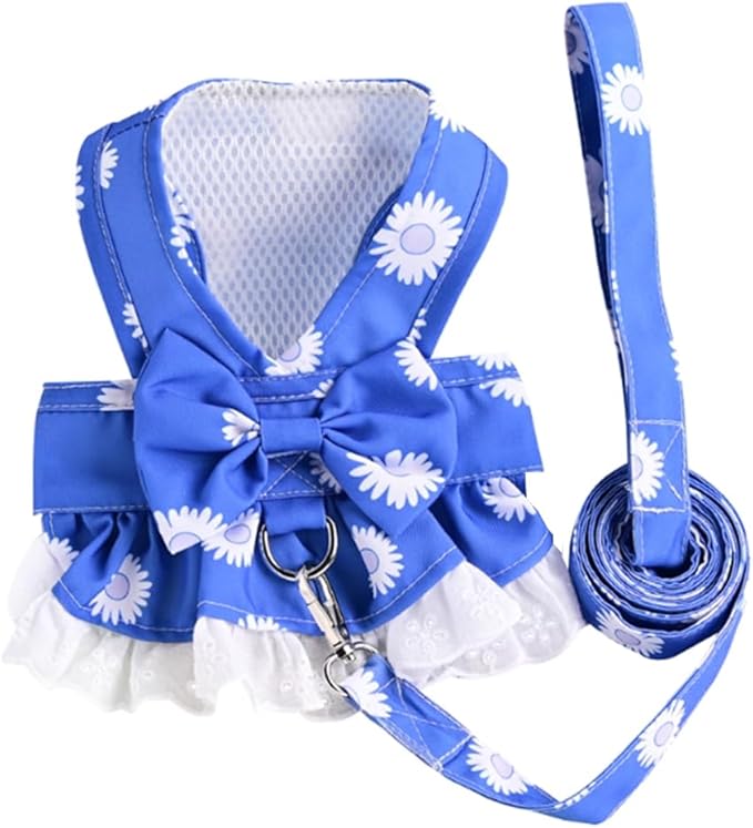 Anelekor Dog Harness Dress for Small Dog Daisy Floral Dog Harness and Leash Set Bow Knot Girl Puppy Princess Skirt with D-...