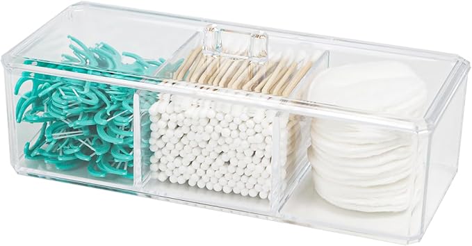 ZEXALOR Clear Bathroom Dresser Organizer - Cotton Ball Swab Holder with 3 Divided Compartments&Lid, , Waterproof Transpare...