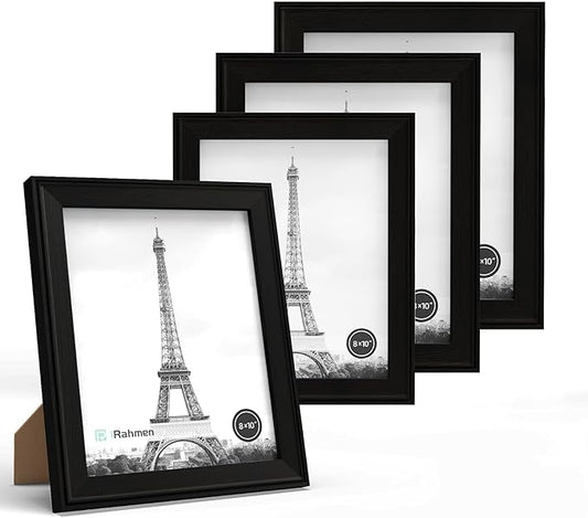 iRahmen 8x10 Picture Frame Set of 4, Black Frame with HD Glass, Wooden Photo Frames for Wall Mount and Tabletop Display
