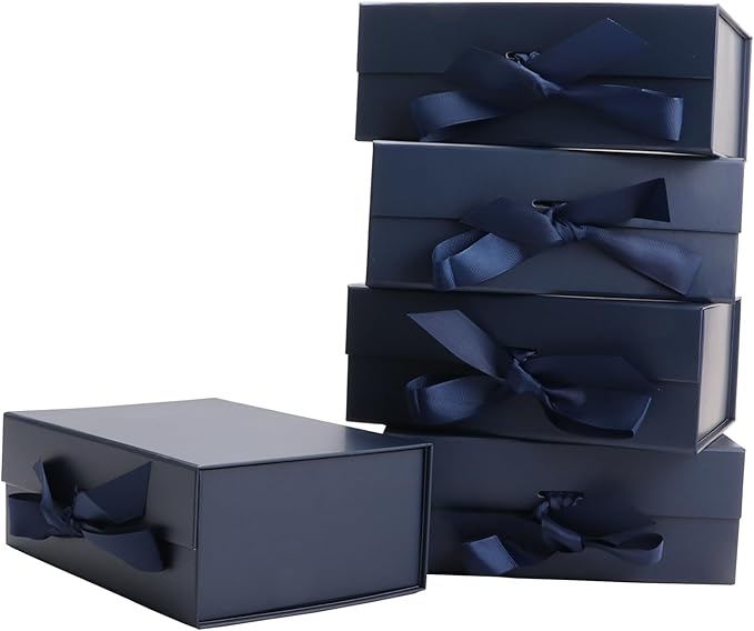 MEIANJU Dark Blue Gift Boxes 8.7*W6.5*H3.5inch with Ribbon Foldable Magnetic Gift Boxes Set of 5 Glossy Finish Magnetic Bo...