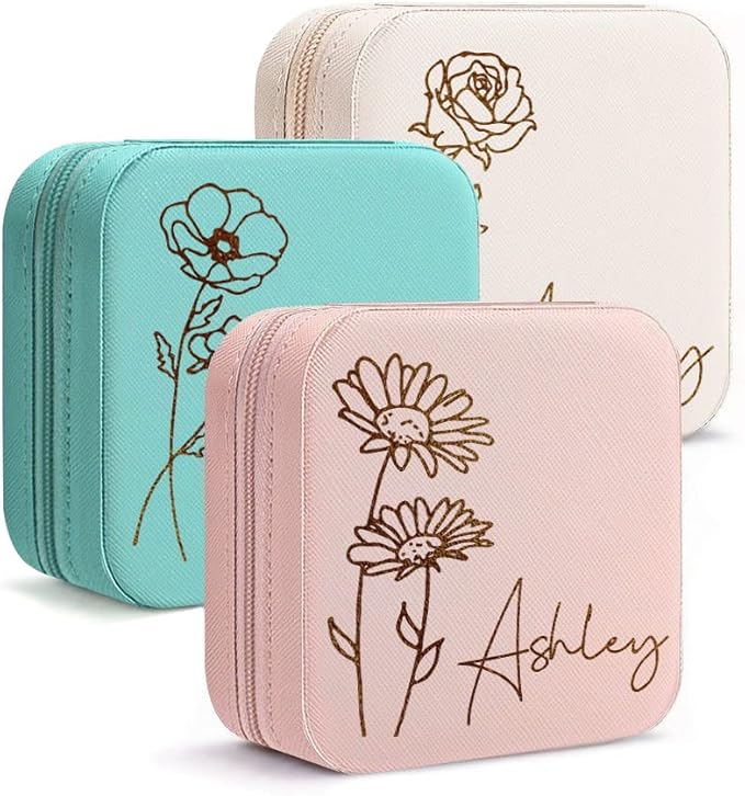 DayOfShe Personalized Travel Jewelry Box with Name and Birth Flower Mothers Day Mom Gifts,Personalized Bridesmaid Gifts fo...