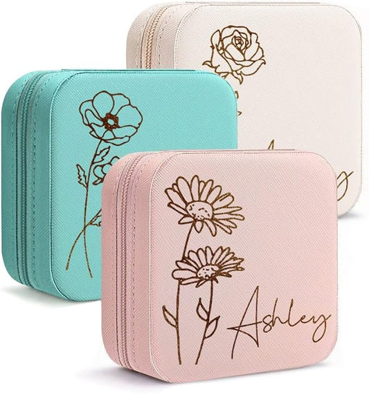 DayOfShe Personalized Travel Jewelry Box with Name and Birth Flower Mothers Day Mom Gifts,Personalized Bridesmaid Gifts fo...