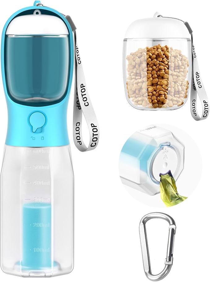 20oz Dog Water Bottle with Food Container & Poop Bag Dispenser | Leak-Proof Portable Pet Water Dispenser with Carabiner Cl...