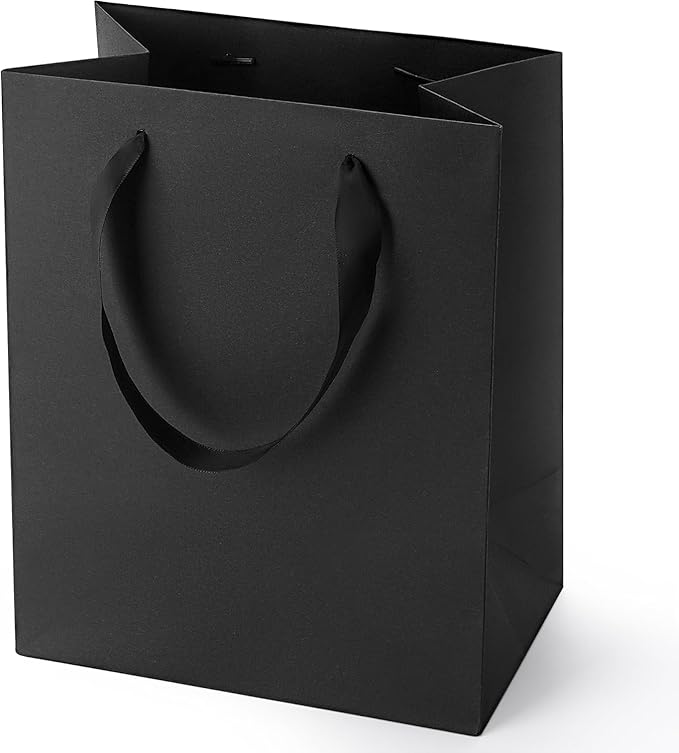 PrimeSign Black Gift Bags With Handles: 8x5x10 Inch 6 Pack Medium Paper Bags Bulk For Party Shopping Wedding Birthday Grad...