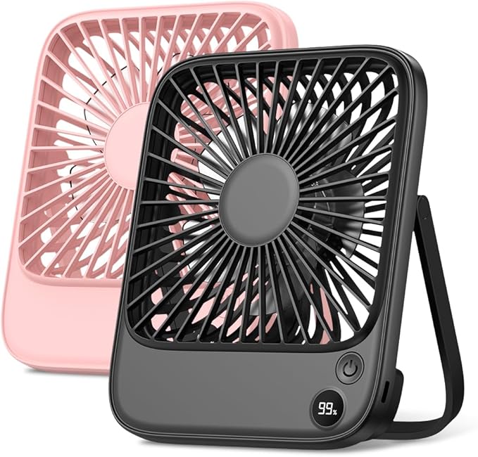 TOPK 2 Pack 5000mAh Portable Desk Fan, Ultra-Thin Rechargeable Battery Operated Fan with Digital Display, Quiet 4-Speed Sm...