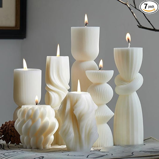 7-Pack Pillar Candles - Soy Wax Handmade Ribbed Candles for Home Decor, Housewarming Gift, Shelf & Table Decor - Aesthetic...