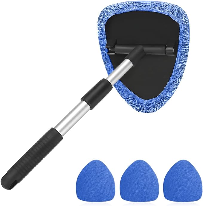 Windshield Cleaning Tool, Car Window Cleaner with Extendable Long Handle and 4 Washable Reusable Microfiber Pads, Auto Int...