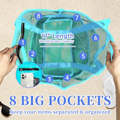 Yunaeduo Large Mesh Beach Bag - Lightweight & Foldable Family Beach Bag with 9 Pockets for Toys, Towels & Vacation Essentials
