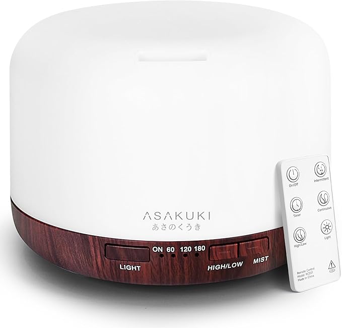 ASAKUKI Essential Oil Diffuser for Home, 500ML Aromatherapy Diffuser Humidifier with Remote Control, 7 Color LED Lights, Q...