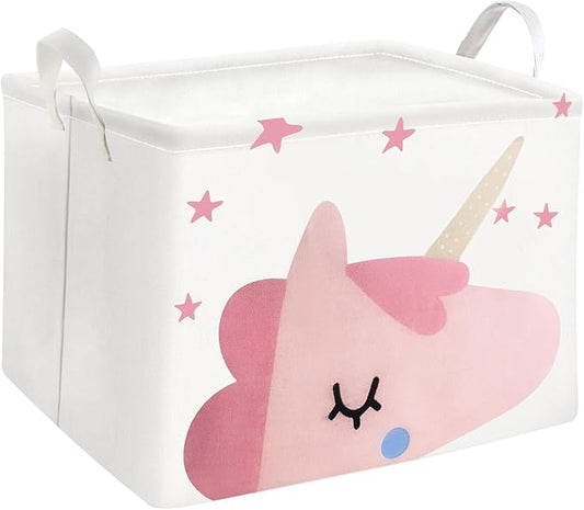 Mziart Cute Unicorn Pink Basket Empty, Rectangle Kids Storage Basket with Handles, Collapsible Nursery Baby Toy Basket for...