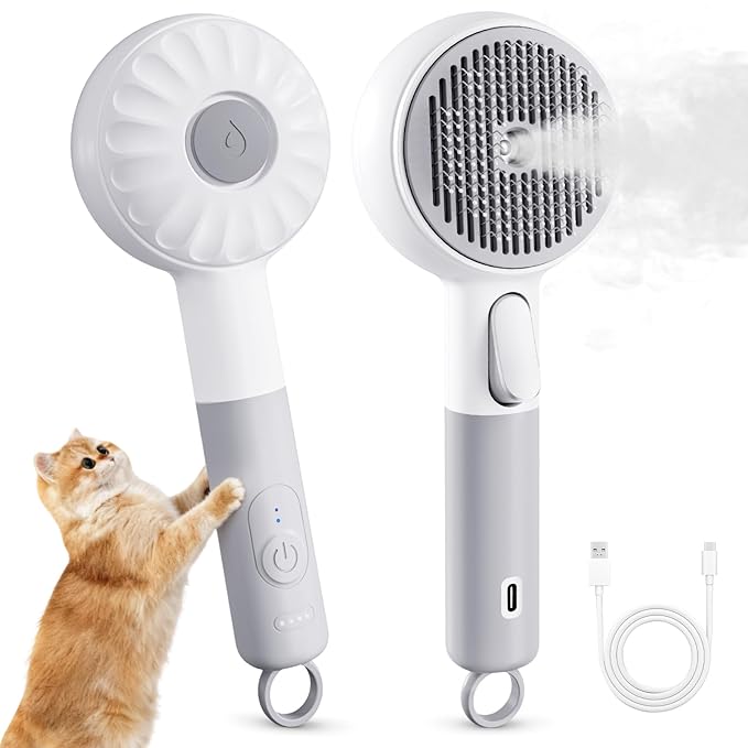 Steam-Like Spray Cat Brush - 3-in-1 USB Rechargeable Deshedding & Self-Cleaning Brush with Water Mist for Long & Short Hai...