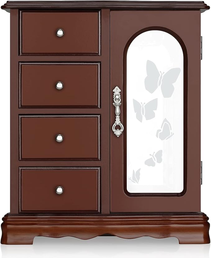 RR ROUND RICH DESIGN Jewelry Box - Made of Solid Wood with 4 Drawers Organizer and Built-in Necklace Carousel and Large Mi...