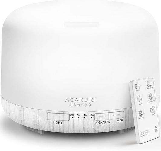 ASAKUKI Essential Oil Diffuser for Home, 500ML Aromatherapy Diffuser Humidifier with Remote Control, 7 Color LED Lights, Q...