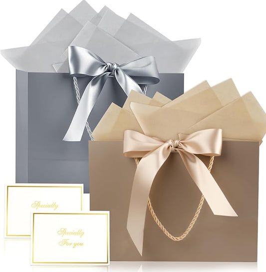 Ninsula 2 Pcs Large Gift Bag, Birthday Gift Bag With 2-Color Ribbon, 2 Greeting Cards and 4 Sheets Tissue Paper, Portable ...
