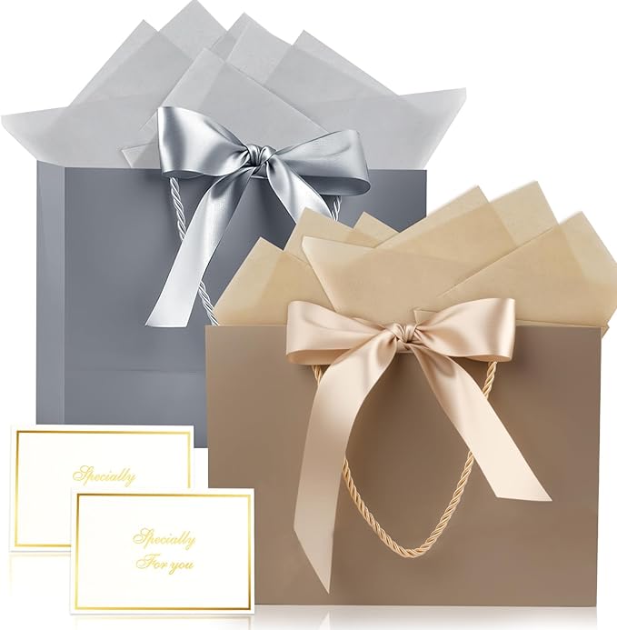 Ninsula 2 Pcs Large Gift Bag, Birthday Gift Bag With 2-Color Ribbon, 2 Greeting Cards and 4 Sheets Tissue Paper, Portable ...