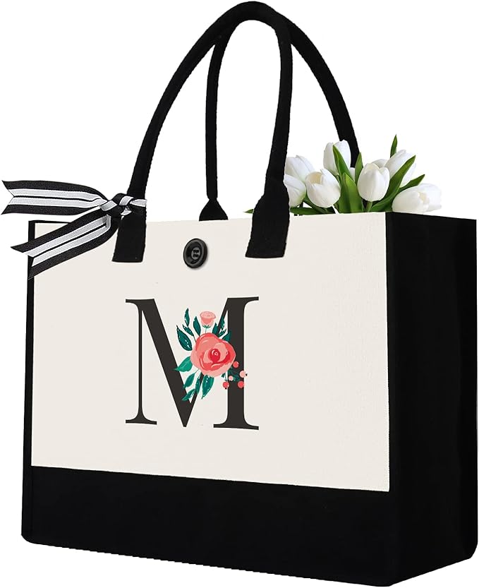 Binggemen Initial Canvas Tote Bag, Monogrammed Tote Bags Suitable for Mother's Day Wedding Beach