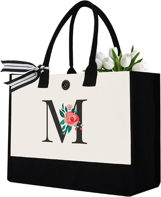 Binggemen Initial Canvas Tote Bag, Monogrammed Tote Bags Suitable for Mother's Day Wedding Beach