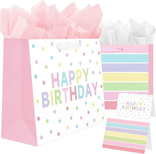 2-Pack 13" Large Happy Birthday Gift Bags Party with Tissue Paper, Cards for Girls Women Birthday Party Favors Wrap