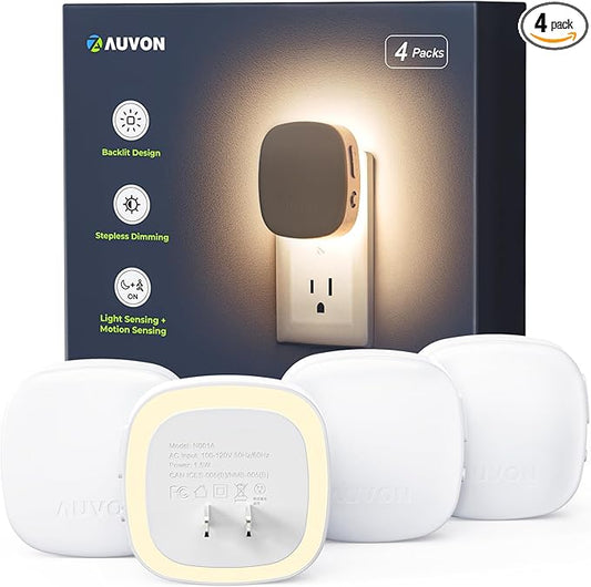 AUVON Plug-in LED Backlit Night Light with Motion Sensor & Dusk to Dawn Sensor, Dimmable Warm White Nightlight with 1-50 l...