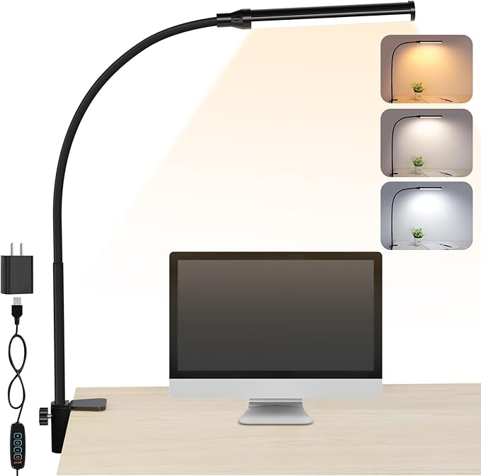 ShineTech LED Desk Lamp with Clamp, Clip On Desk Lamp for Home Office, 3 Color Modes & Stepless Dimming, Flexible Goosenec...