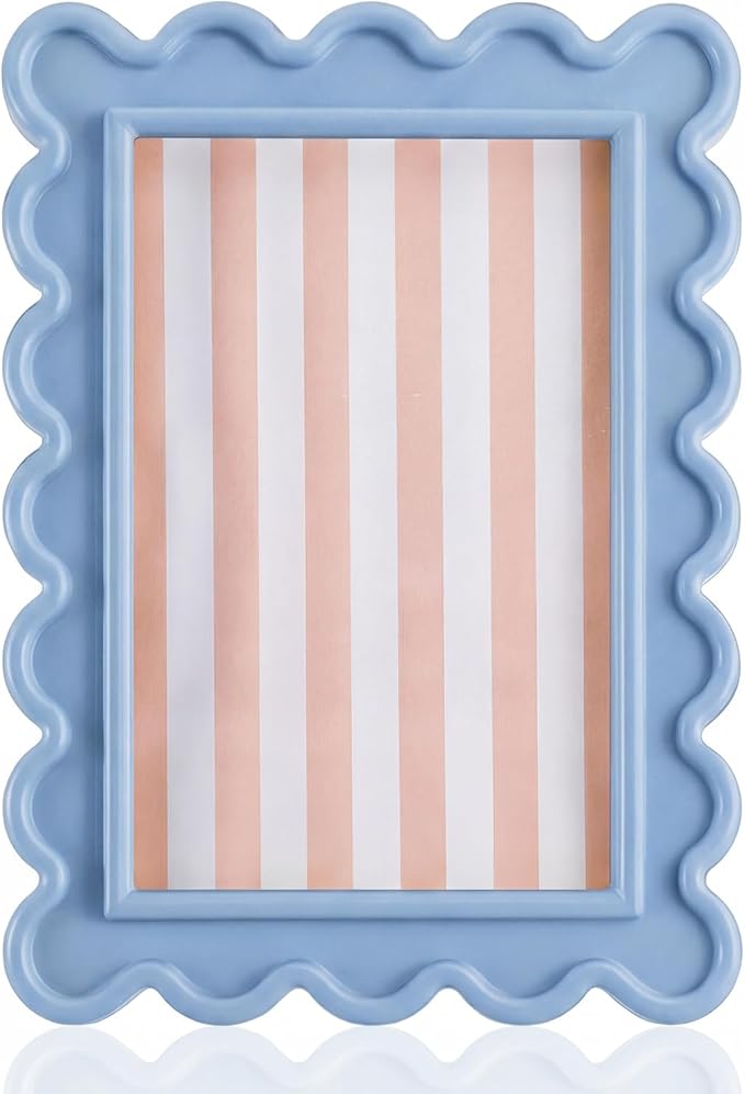 AceOrbit 4x6 Inches Haze Blue Flower Wavy Picture Frame Cute Wavy Edge Wooden Real Glass Photo Frame for Desktop Display H...