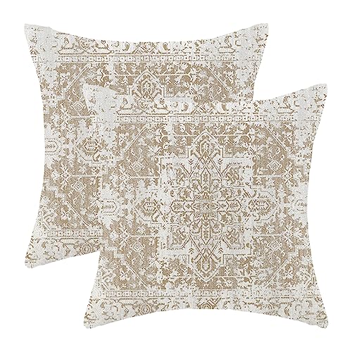 AEIOAE Boho Pillow Covers 20x20 Inch Set of 2,Carpet Pattern Throw Pillows Case,Brown Beige White Ethnic Design Outdoor De...
