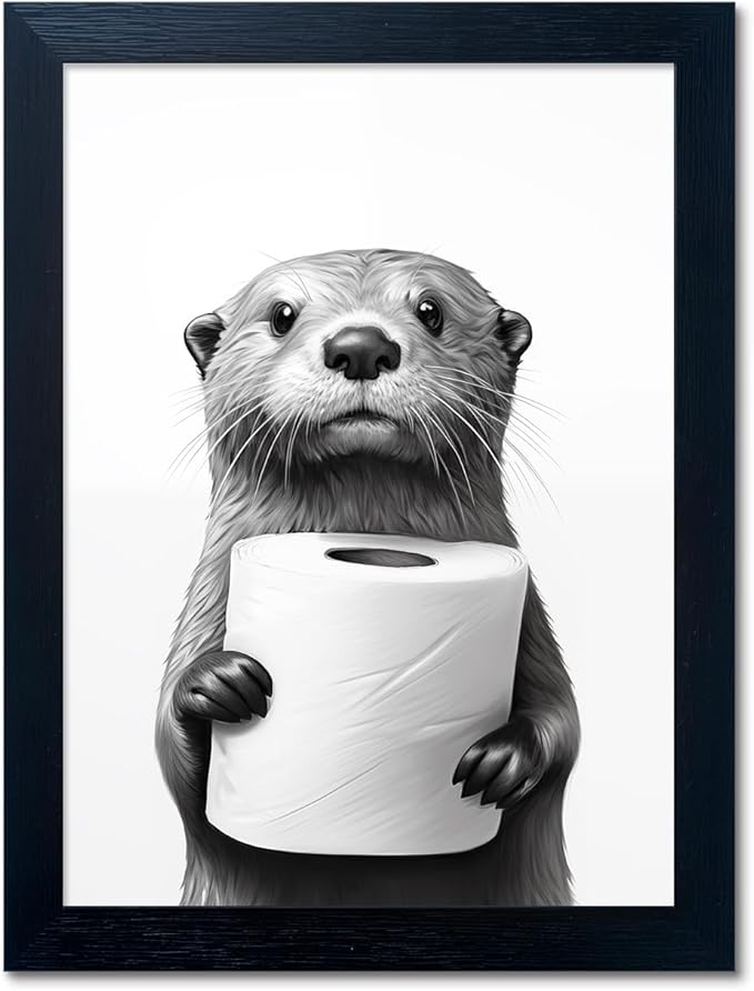 Bathroom Picture Wall Decor, Framed Black and White Bathroom Wall Art, Toilet Paper in Little Funny Raccoon's Hand Animal ...