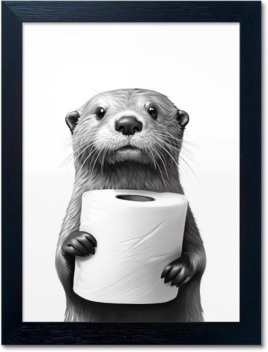 Bathroom Picture Wall Decor, Framed Black and White Bathroom Wall Art, Toilet Paper in Little Funny Raccoon's Hand Animal ...