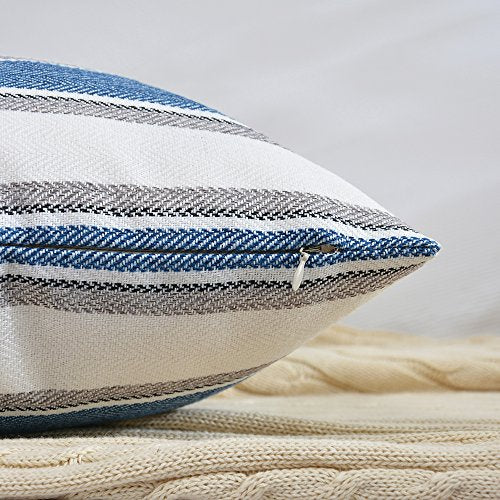 NATUS WEAVER Navy Pure White Stripe Pillow Cases Soft Linen Square Decorative Throw Cushion Cover Pillowcase with Hidden Z...